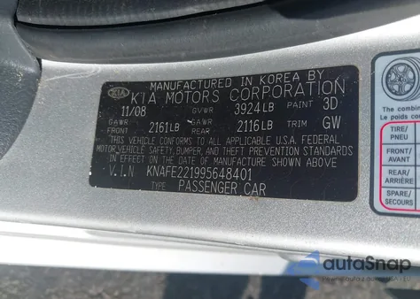2009 Kia Spectra Ex/Lx/Sx from USA, damaged, VIN KNAFE221995648401